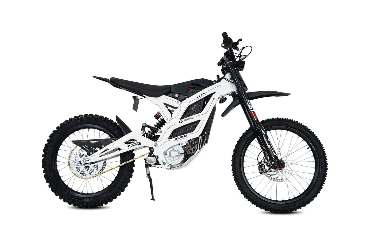 79Bike Falcon GT electric dirt bike in white, left-side studio profile on a white background