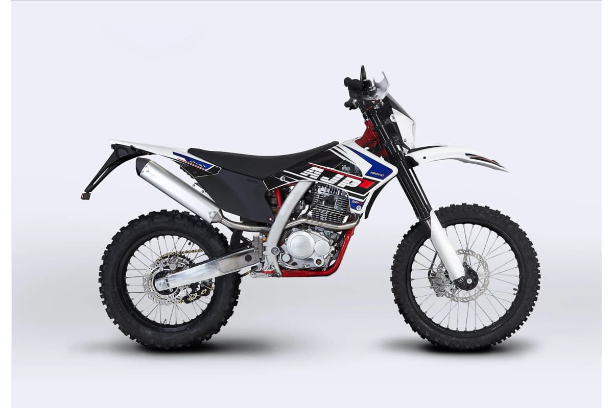2025 AJP SPR240 trail bike in white, blue and red, right-side studio profile on a white background