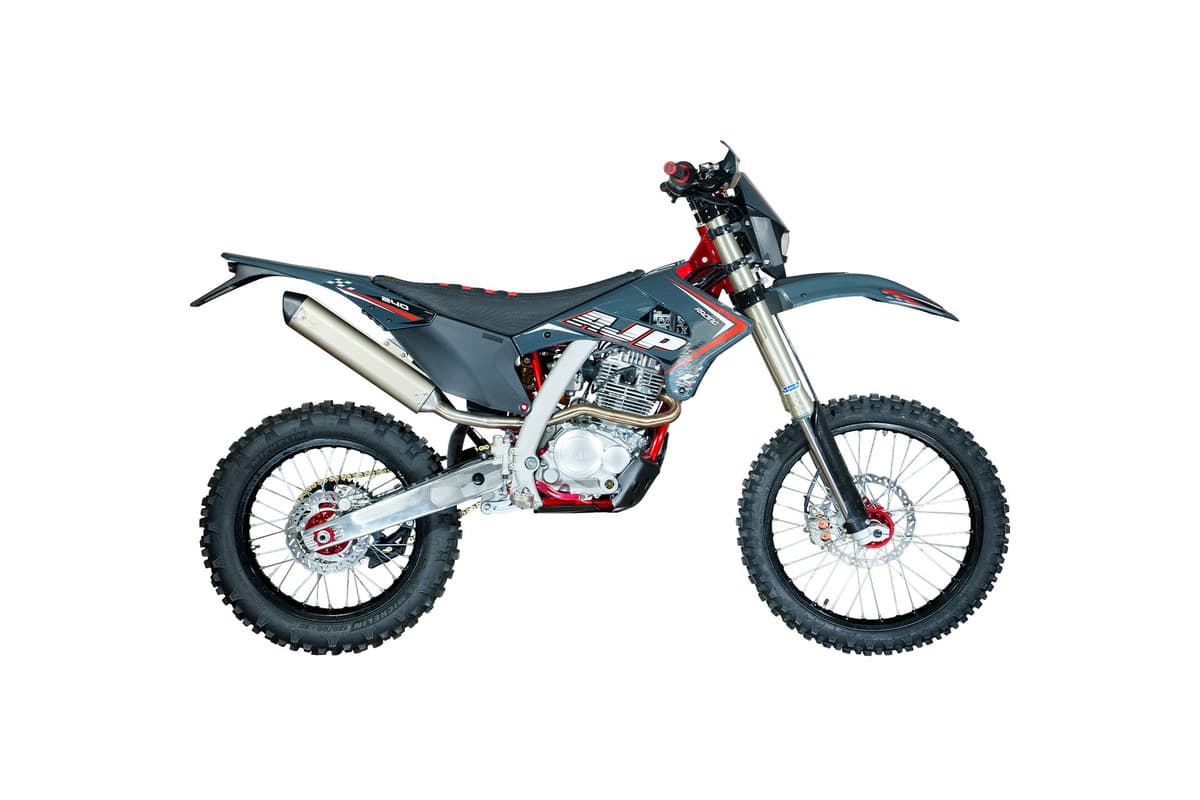 2026 AJP SPR240X hard-enduro bike in dark teal, left-side studio profile on a white background