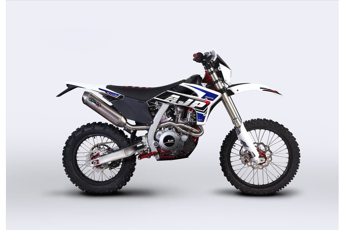 2025 AJP SPR510R enduro bike in white, blue and black, right-side studio profile on a white background