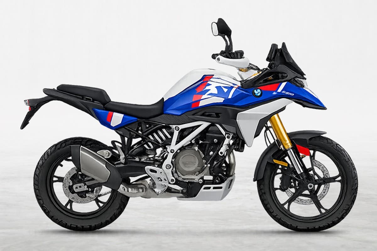 2027 BMW F 450 GS adventure bike in white and blue M livery, right-side studio profile on a white background showing gold forks and spoked wheels