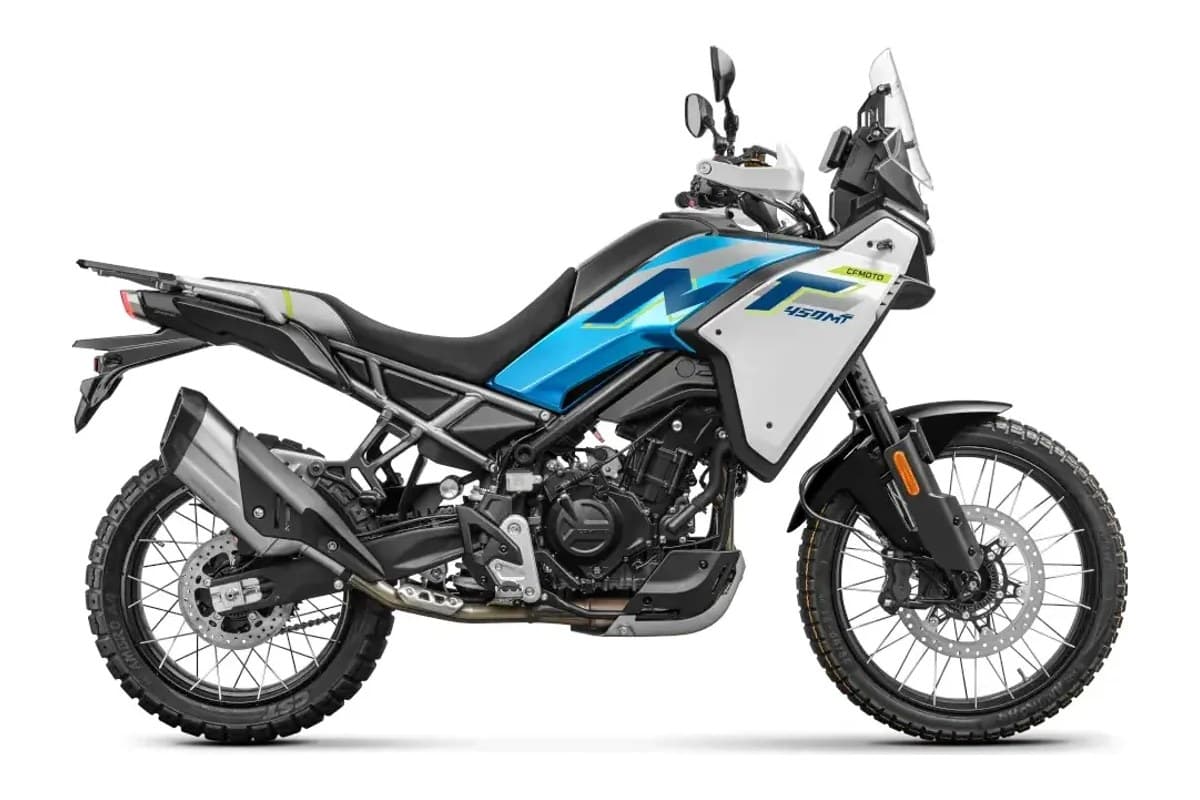 2026 CFMoto Ibex 450 adventure motorcycle in blue and white with pink accents, right-side studio profile showing the spoked wheels and tall windscreen