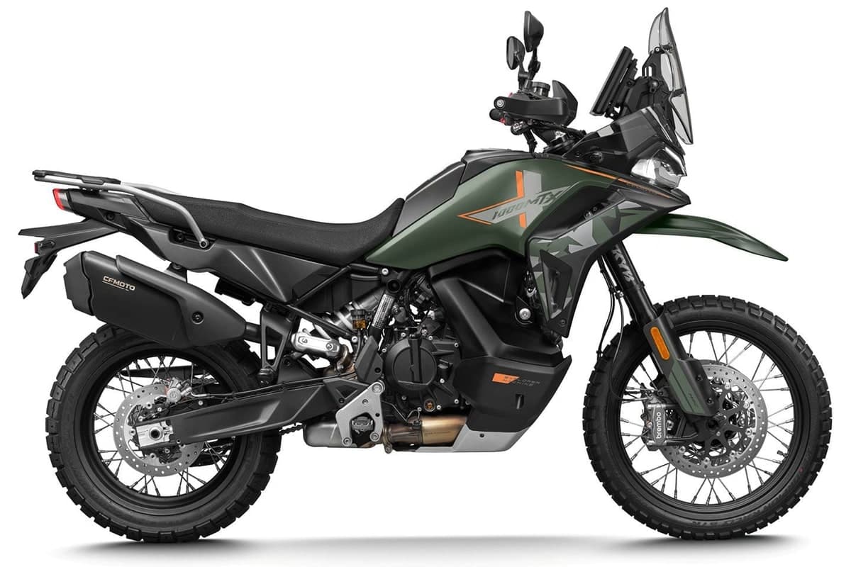 2027 CFMoto Ibex 950 in military green, right-side studio profile on a white background