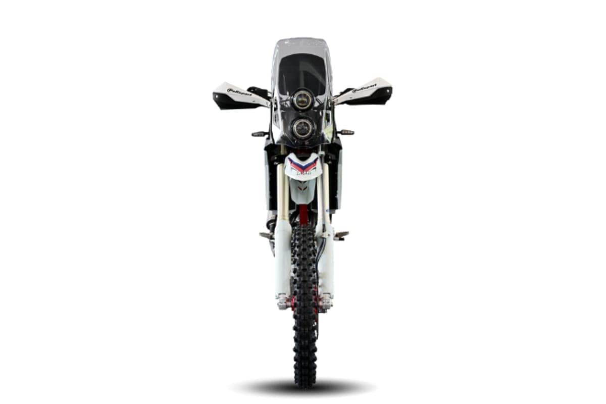 AJP PR7 front-on studio view highlighting the round dual headlights, inverted forks and Polysport hand guards