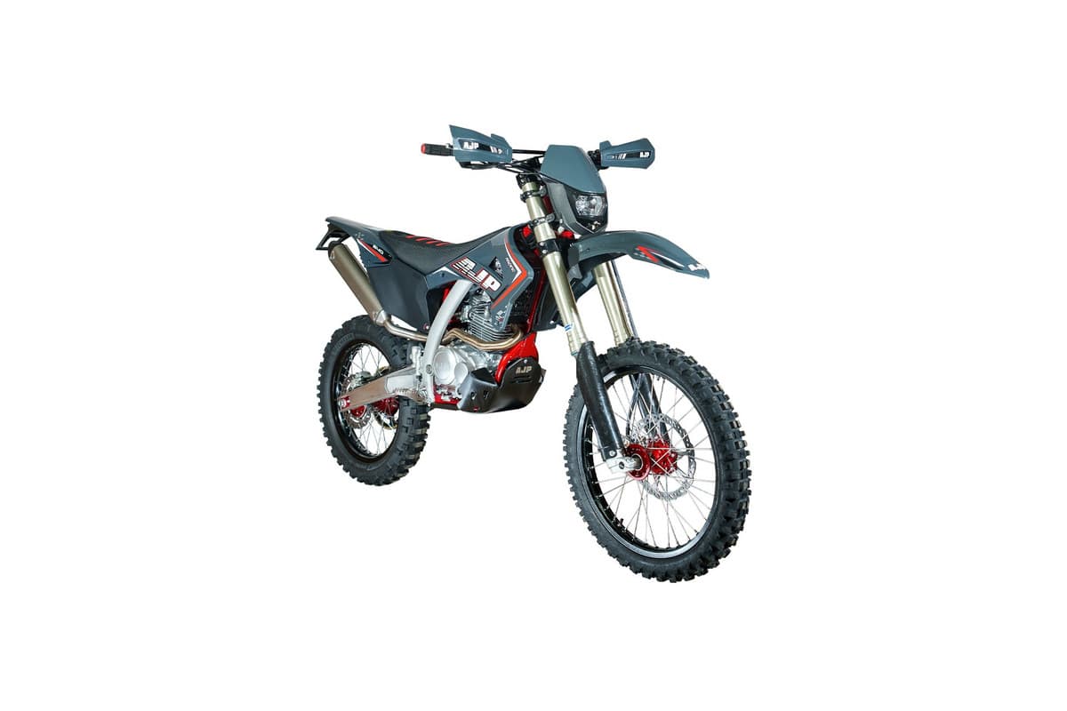AJP SPR240X front three-quarter studio view showing the Sachs 48mm fork, Brembo front disc and red hubs