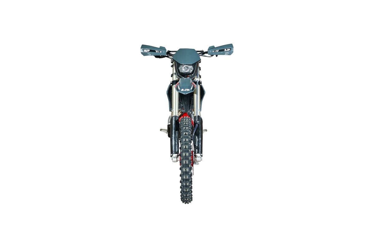 AJP SPR240X viewed head-on from the rear, showing the tail section, rear fender and knobby rear tire