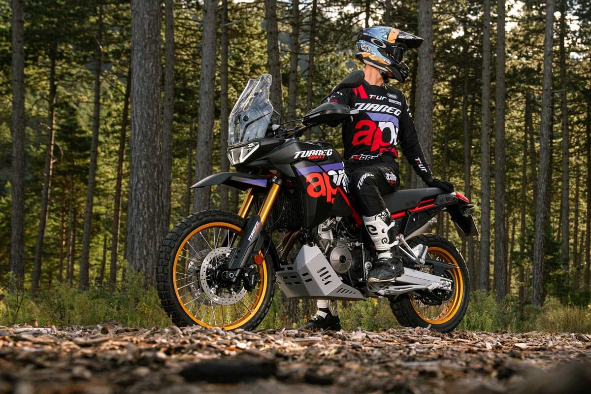 Rider in black and purple Tuareg-branded gear seated on the Tuareg 660 Rally on a forest trail scattered with pine needles and bark chips