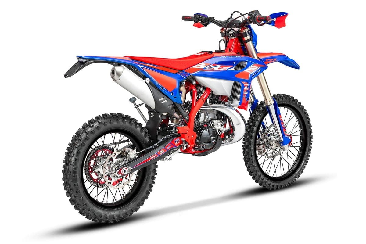 Beta 200 RR Race rear three-quarter studio view highlighting the exhaust silencer, red swingarm and knobby rear tire