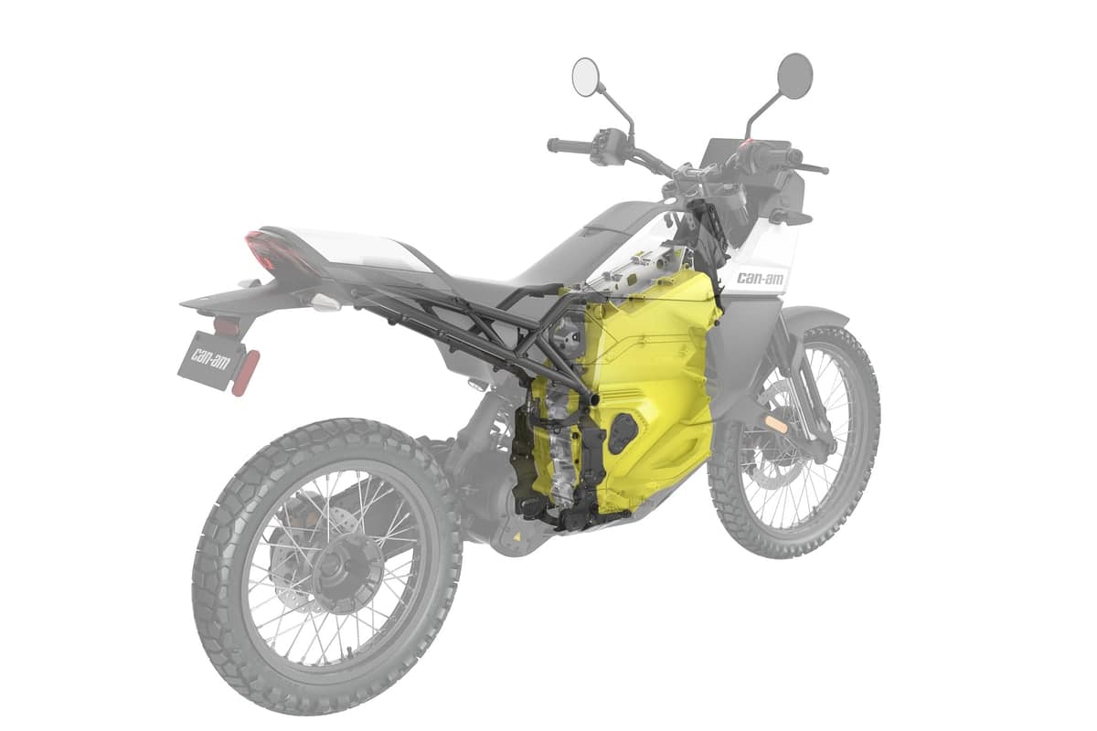 Cutaway view of the Can-Am Origin with the Rotax E-Power battery and motor pack highlighted in yellow