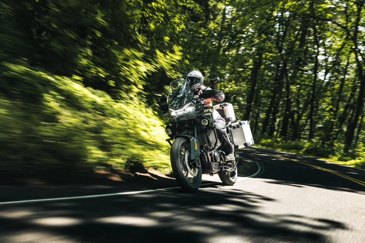 CFMoto Ibex 800 E in dark grey with yellow accents, front three-quarter action shot of a rider in armored gear leaning through a forested canyon road