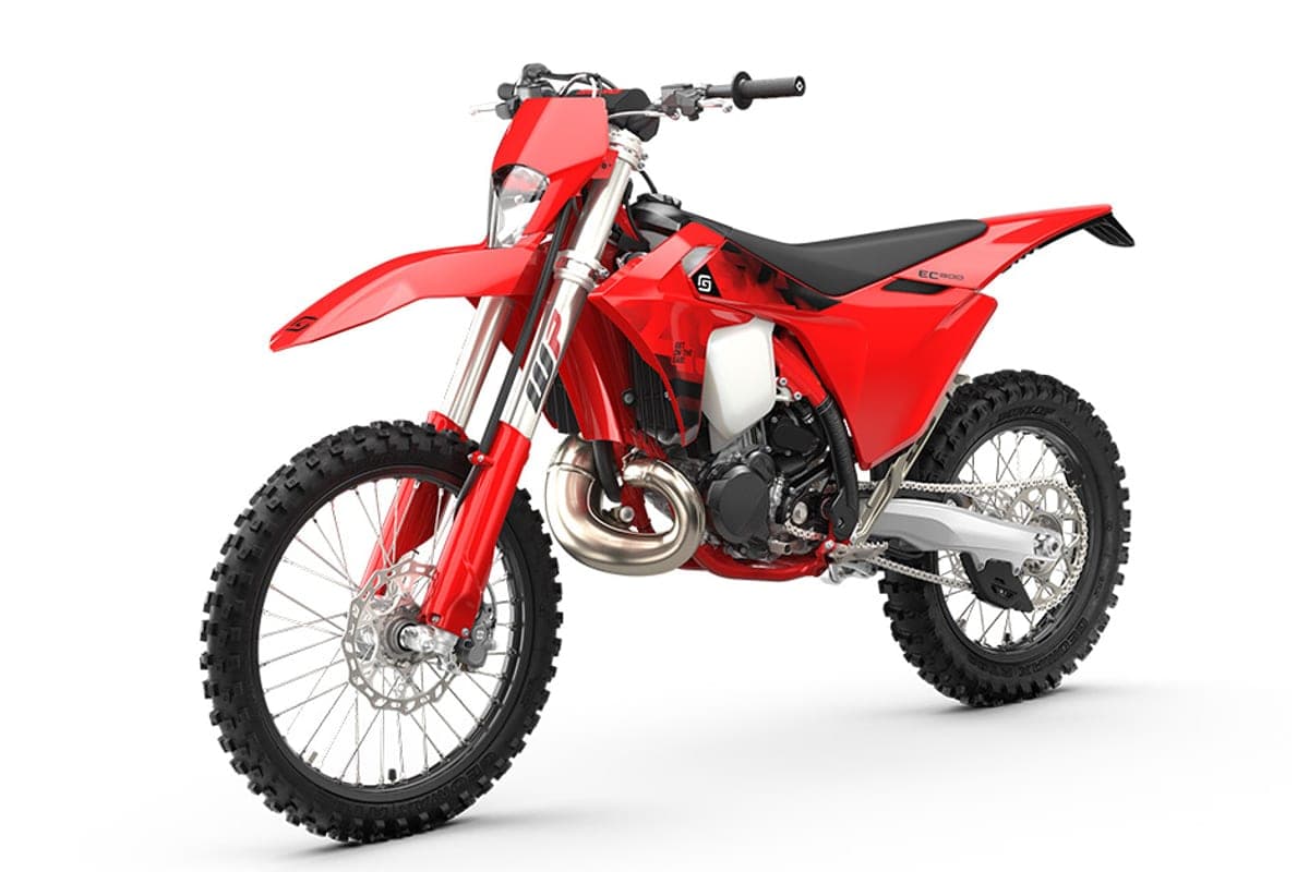 GasGas EC 300 front three-quarter studio view showing the front disc brake, headlight, expansion chamber and handlebar controls