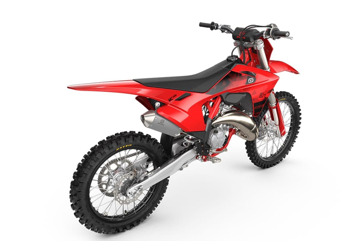 GasGas MC 125 rear three-quarter studio shot showing the chromed pipe, black airbox cover and rear disc brake