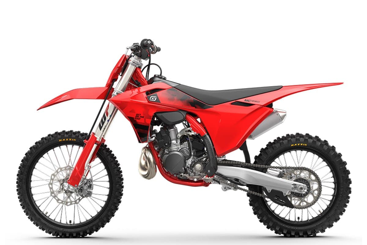 2026 GasGas MC 250 left-side studio profile with red bodywork, black number plate graphics and exposed engine cases