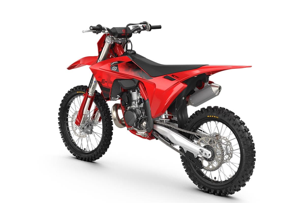 GasGas MC 250 front three-quarter studio shot showing the handlebar controls, front disc brake and radiator shroud