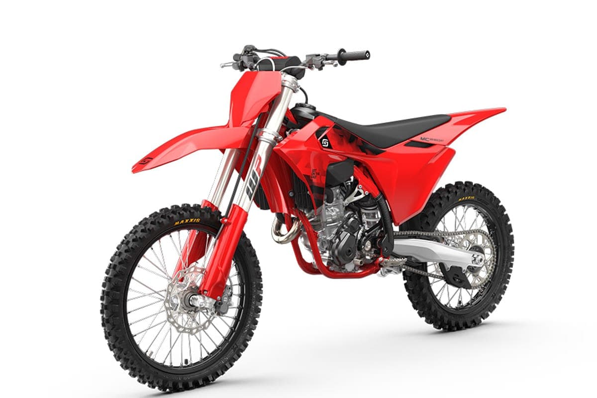 GasGas MC 250F front three-quarter studio view highlighting the WP fork, radiator shrouds and 'Get On The Gas' bodywork graphic