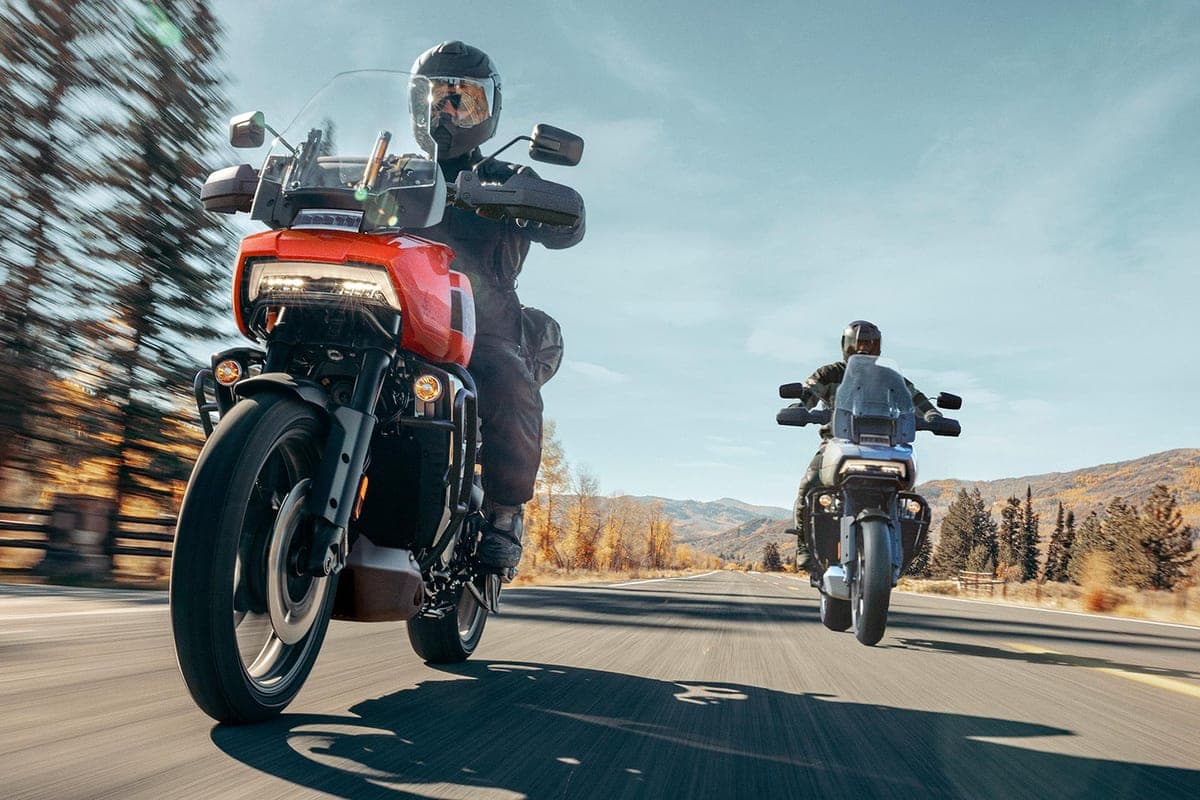 Harley-Davidson Pan America 1250 Special, front three-quarter action shot of a rider in black gear leading another rider down a tree-lined mountain road