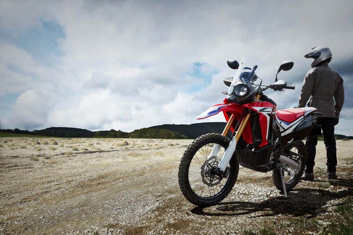 Rider standing beside a parked Honda CRF250L Rally on a gravel plain, front three-quarter view showing the round headlight and gold-finish forks
