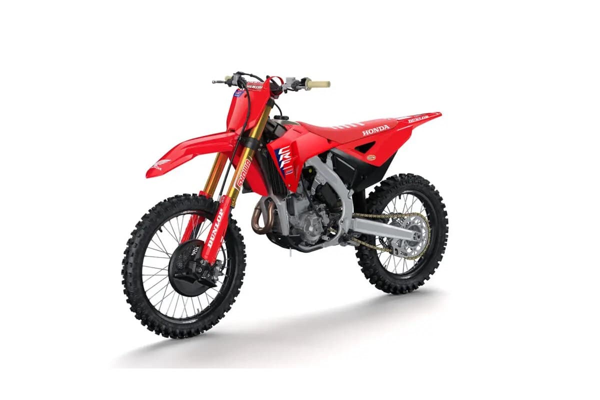 Honda CRF250R HRC Works Edition rear three-quarter view highlighting the gold chain, Renthal bars and works-style graphics on white bodywork