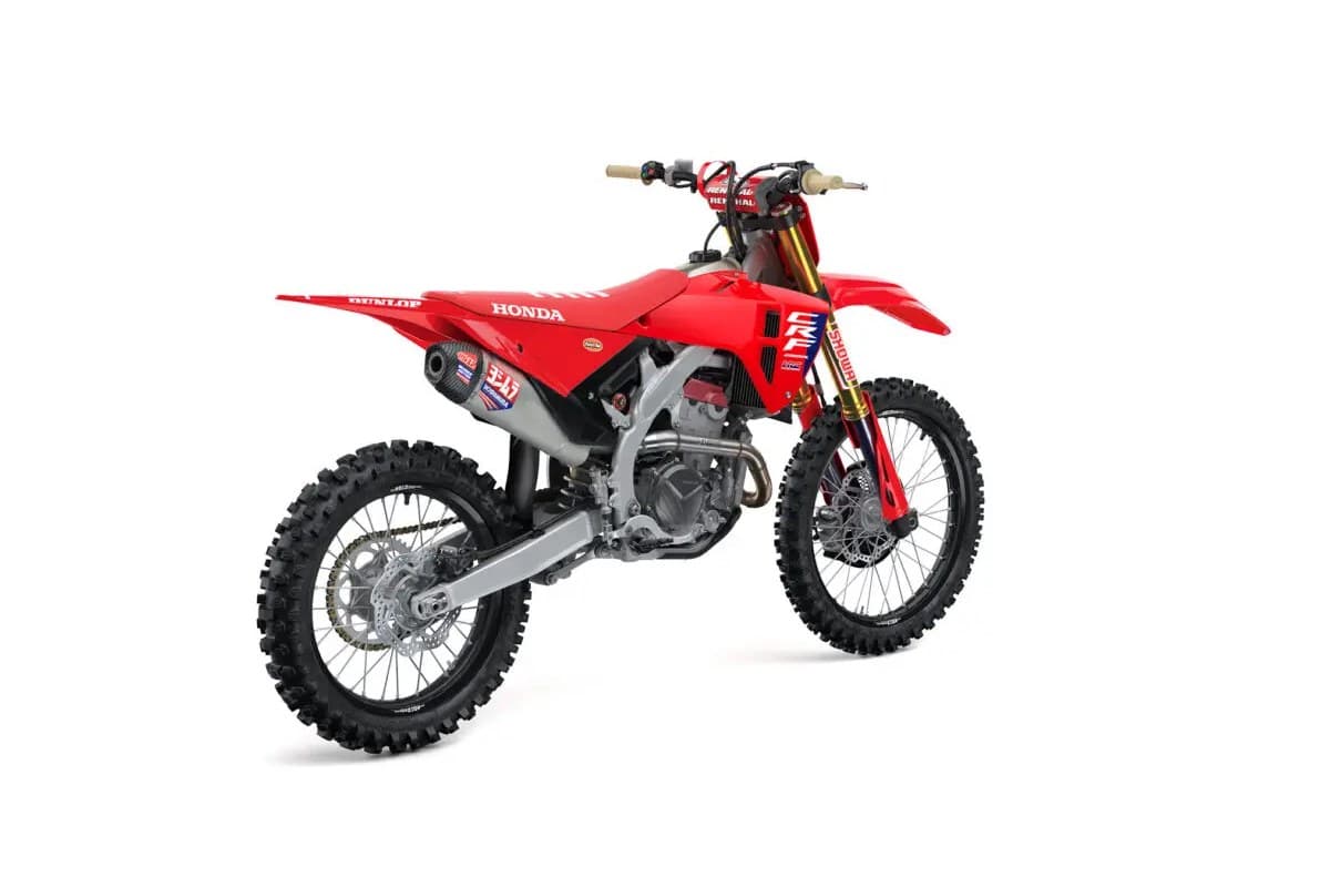 CRF250R HRC Works Edition left-side studio shot showing the Yoshimura muffler, twin-spar aluminum frame and Dunlop knobby tires