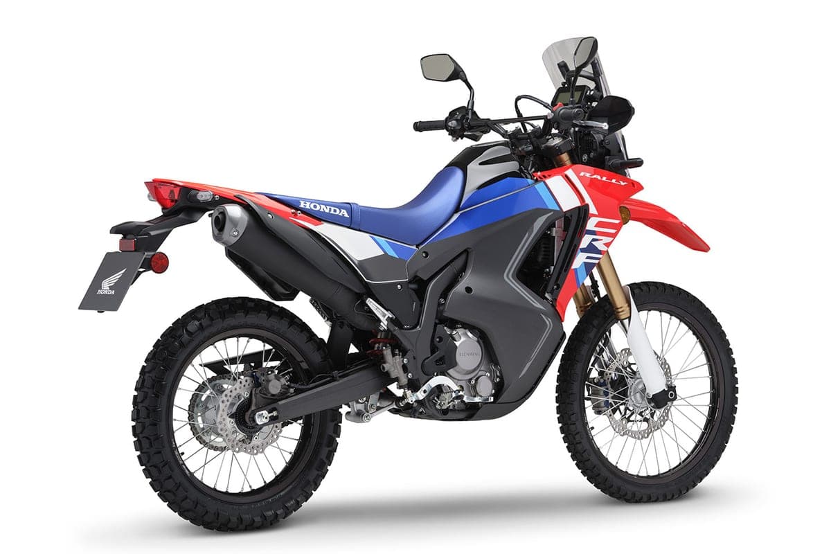 Honda CRF300L Rally rear three-quarter studio shot showing the upswept exhaust, blue seat with Honda branding and rear disc brake
