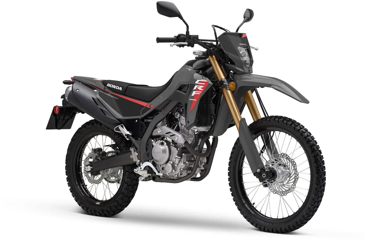 Honda CRF300LS front three-quarter studio view highlighting the gold forks, spoked wheels and red-and-black CRF bodywork graphics