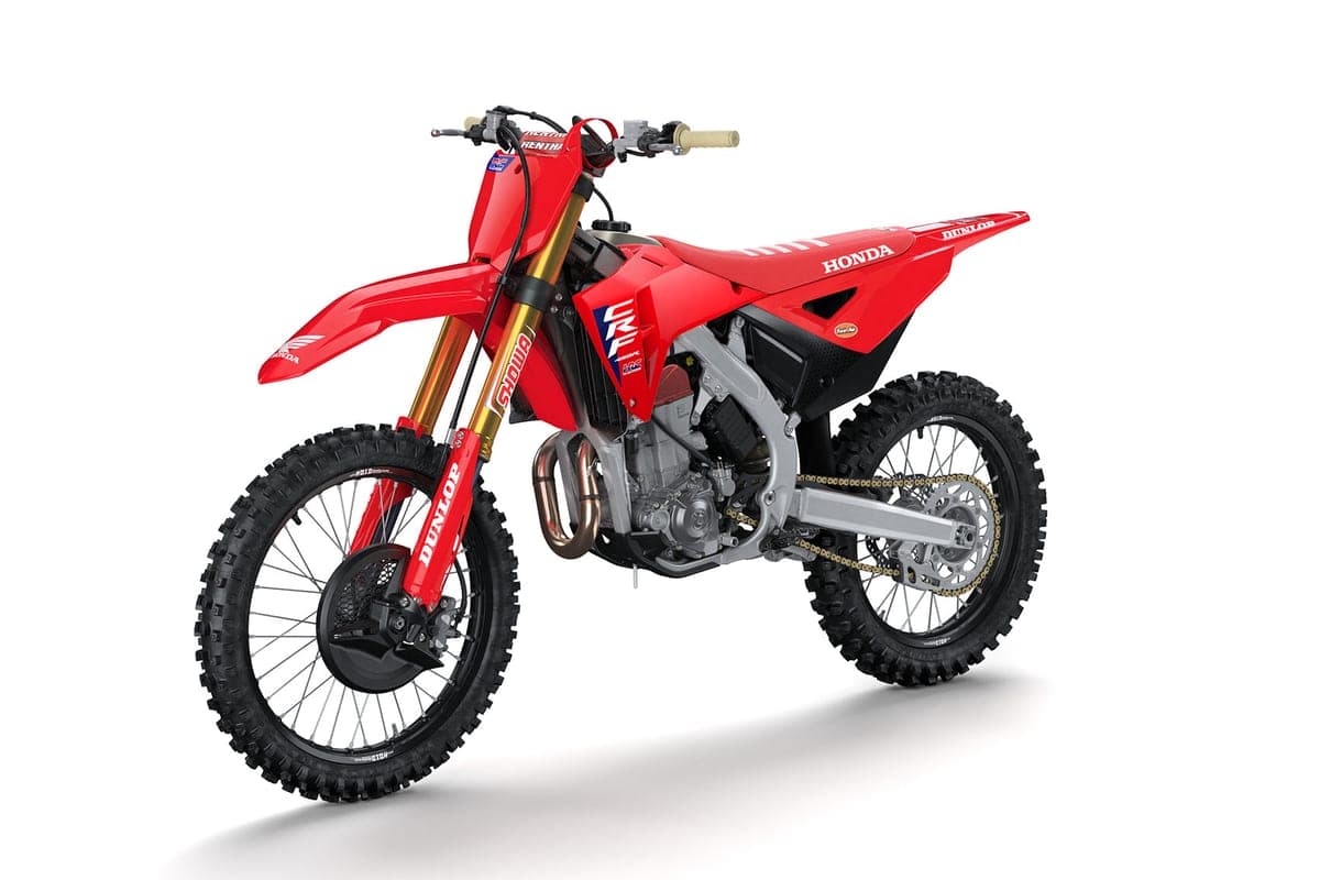 Honda CRF450R HRC Works Edition front three-quarter studio view highlighting the gold forks, exhaust header and gold drive chain