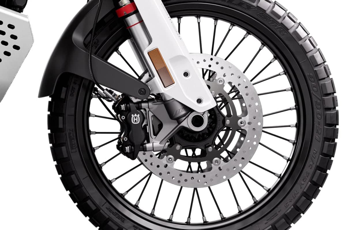 Detail of the Norden 901 Expedition's radially mounted front brake caliper and 320mm disc