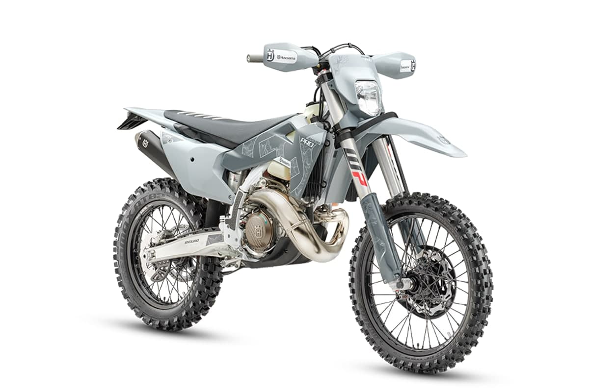 Husqvarna TE 300 Pro right-front studio view showing the headlight mask, fork guards and front disc