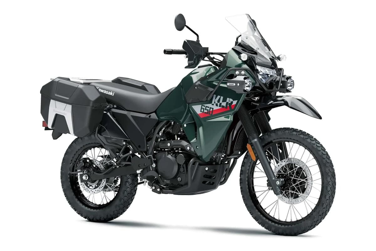 Kawasaki KLR650 Adventure ABS front three-quarter studio view showing the saddlebags, windscreen and hand guards