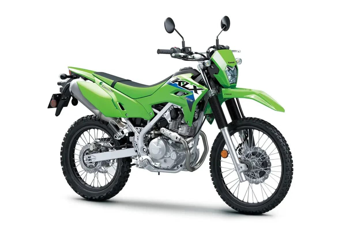 Kawasaki KLX230 S ABS in lime green, front three-quarter studio view showing the round headlight, upright handlebars and spoked wheels