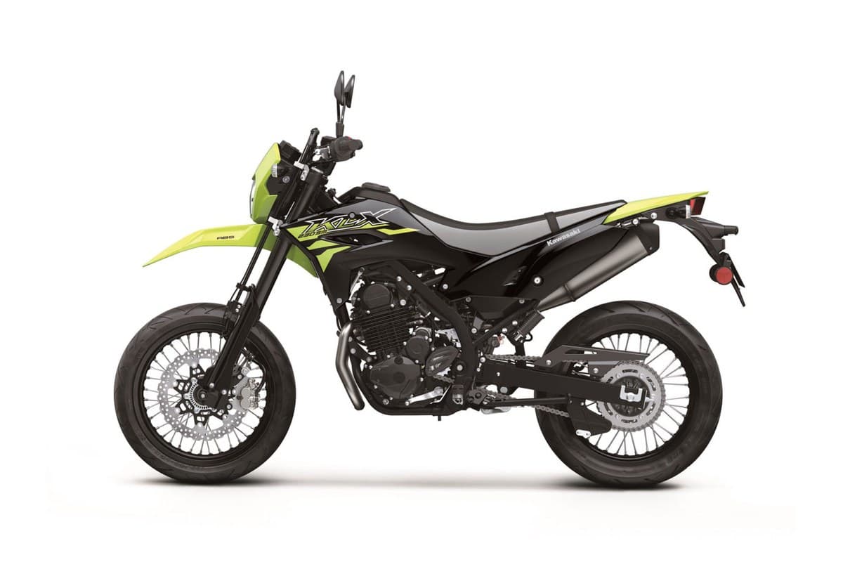 Kawasaki KLX230SM ABS in lime green, left-side studio profile highlighting the inverted front fork, chain drive and rear disc brake