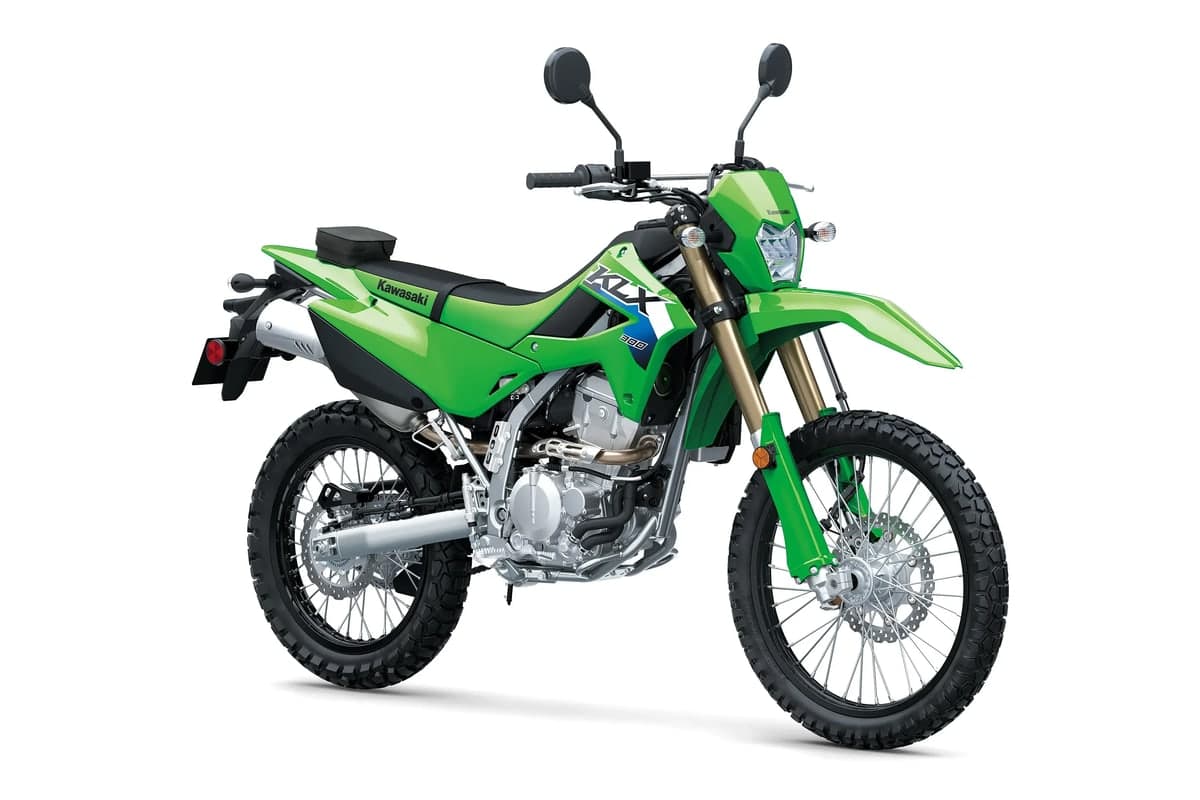 Kawasaki KLX300 in Lime Green, front three-quarter studio view showing the LED headlight and mirrors