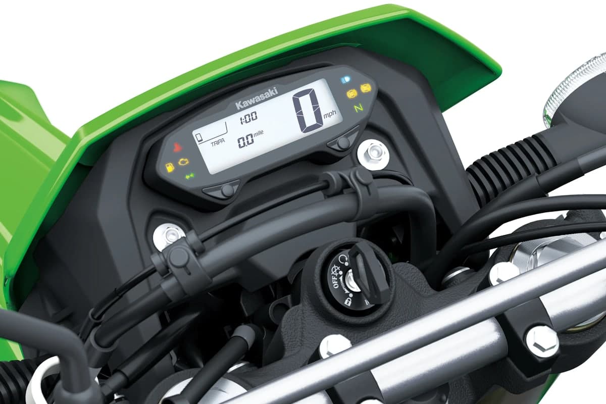 KLX300 LCD instrument cluster and ignition switch under the green number plate