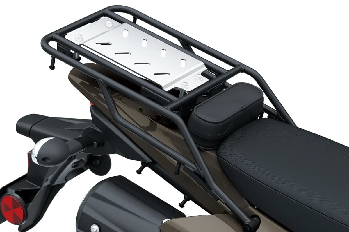 Close-up of the KLX300 DF's black tubular rear carrier with its aluminum top plate