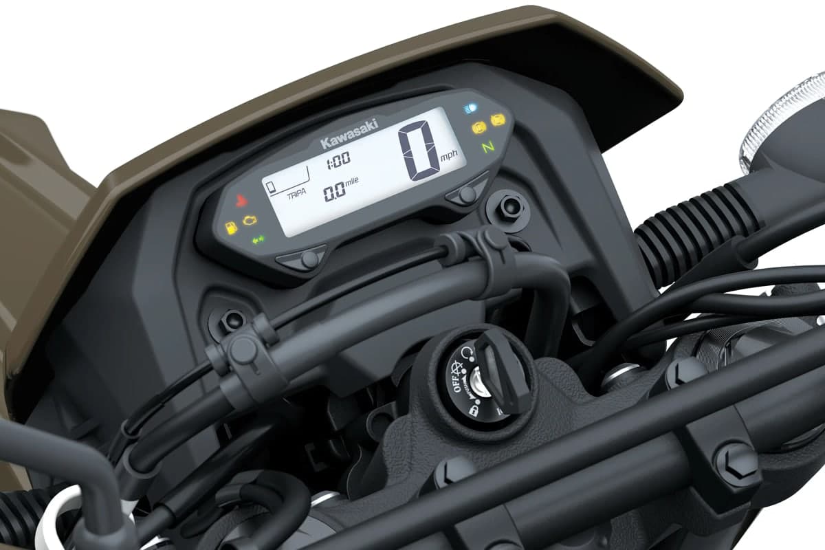 KLX300 DF LCD instrument cluster and ignition switch under the gray headlight cowl
