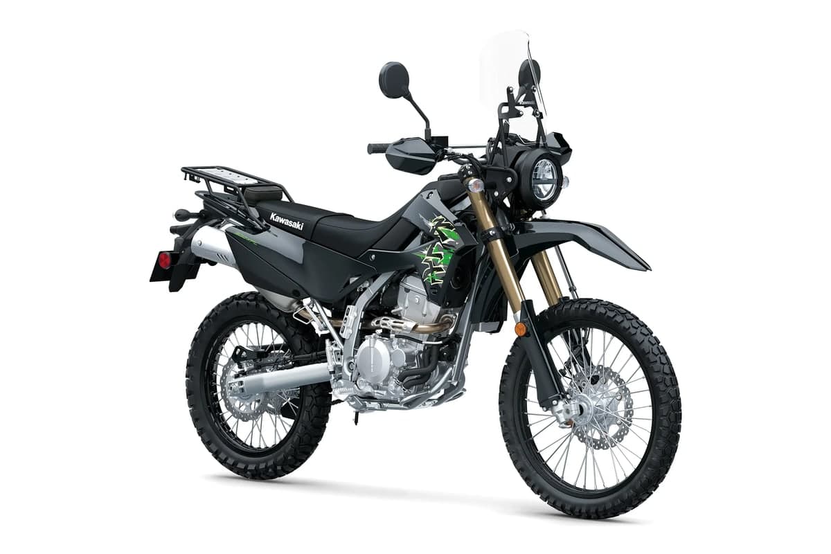 Kawasaki KLX300 XPL ABS front three-quarter studio view showing the round headlight, windscreen, hand guards and rear carrier