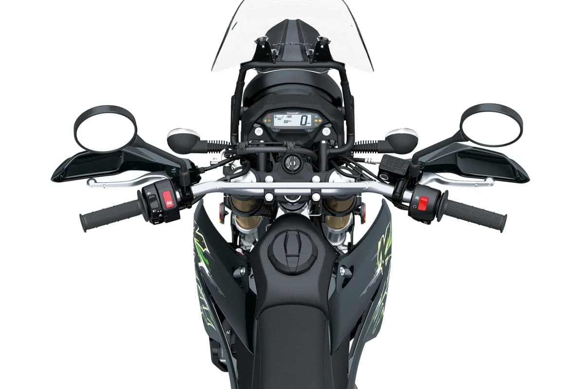 KLX300 XPL cockpit from the front, with the tall windscreen, hand guards and mirrors