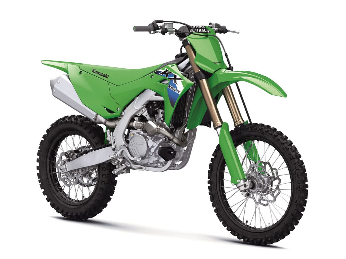 Kawasaki KX250X front three-quarter studio view showing the Renthal handlebars, gold fork tubes and front disc brake
