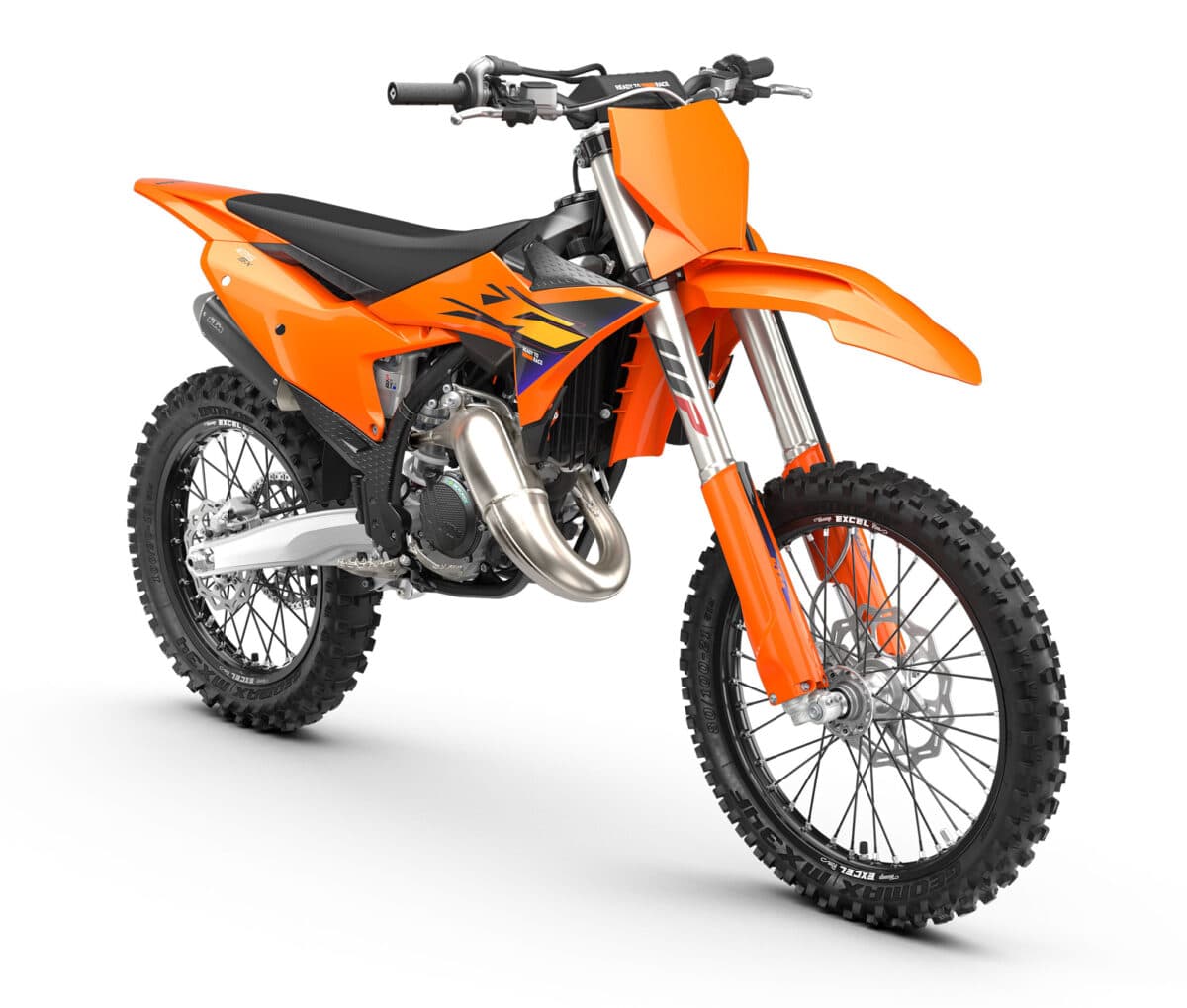 KTM 125 SX front three-quarter studio view highlighting the curved chrome expansion chamber, orange front fender and radiator shrouds