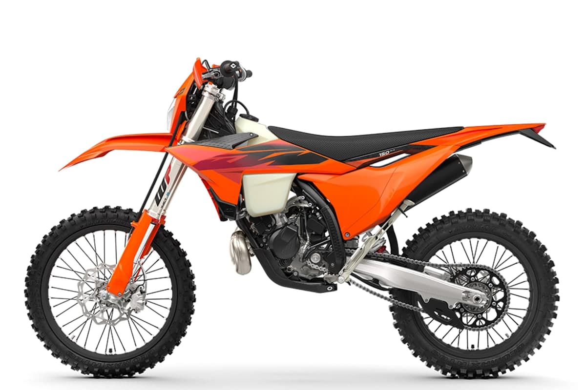 KTM 150 XC-W left-side studio profile showing the chain, PDS shock and silencer