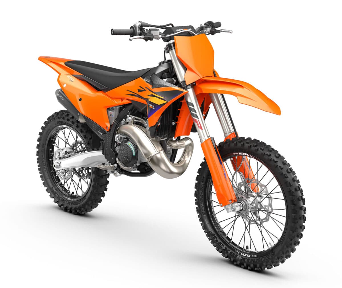 KTM 250 SX front three-quarter studio view showing the number plate, tapered handlebar and curved exhaust header pipe