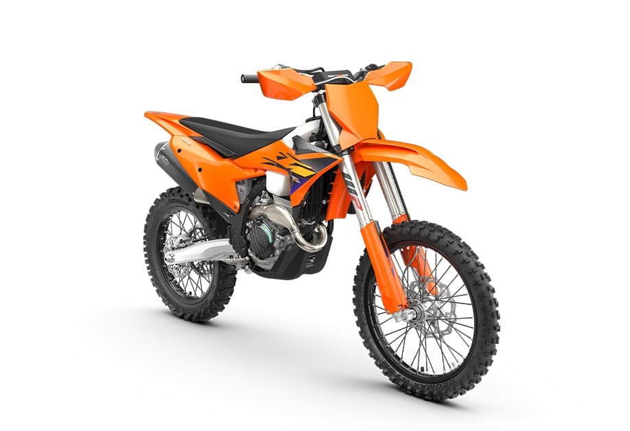 KTM 250 XC-F front three-quarter studio view highlighting the tapered handlebar, white airbox panel and spoked front wheel with disc brake