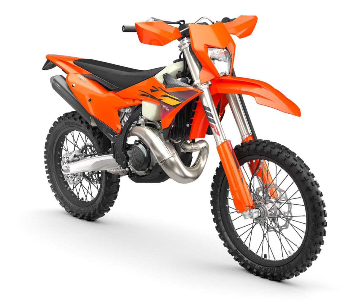 2027 KTM 250 XC-W, front three-quarter studio view highlighting the round headlight, radiator shrouds and translucent fuel tank