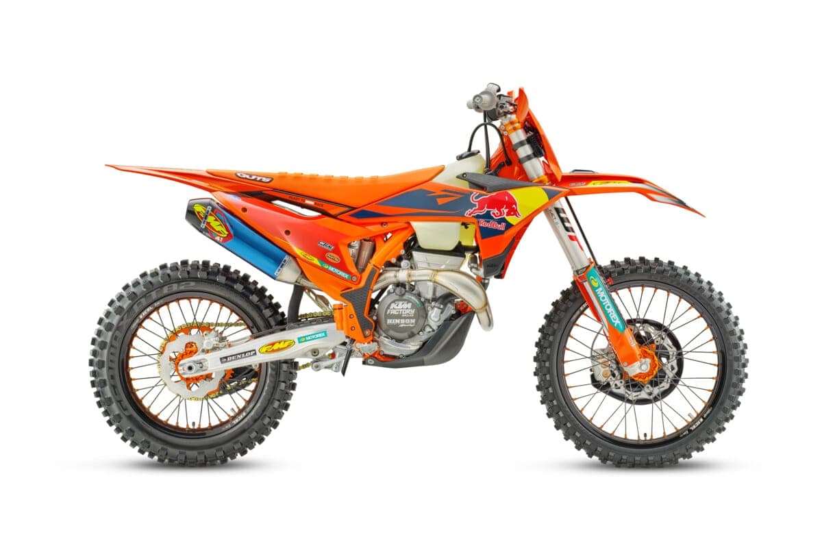 KTM 350 XC-F Factory Edition, right-side studio profile highlighting the Motorex-branded fork guards and knobby Dunlop tires