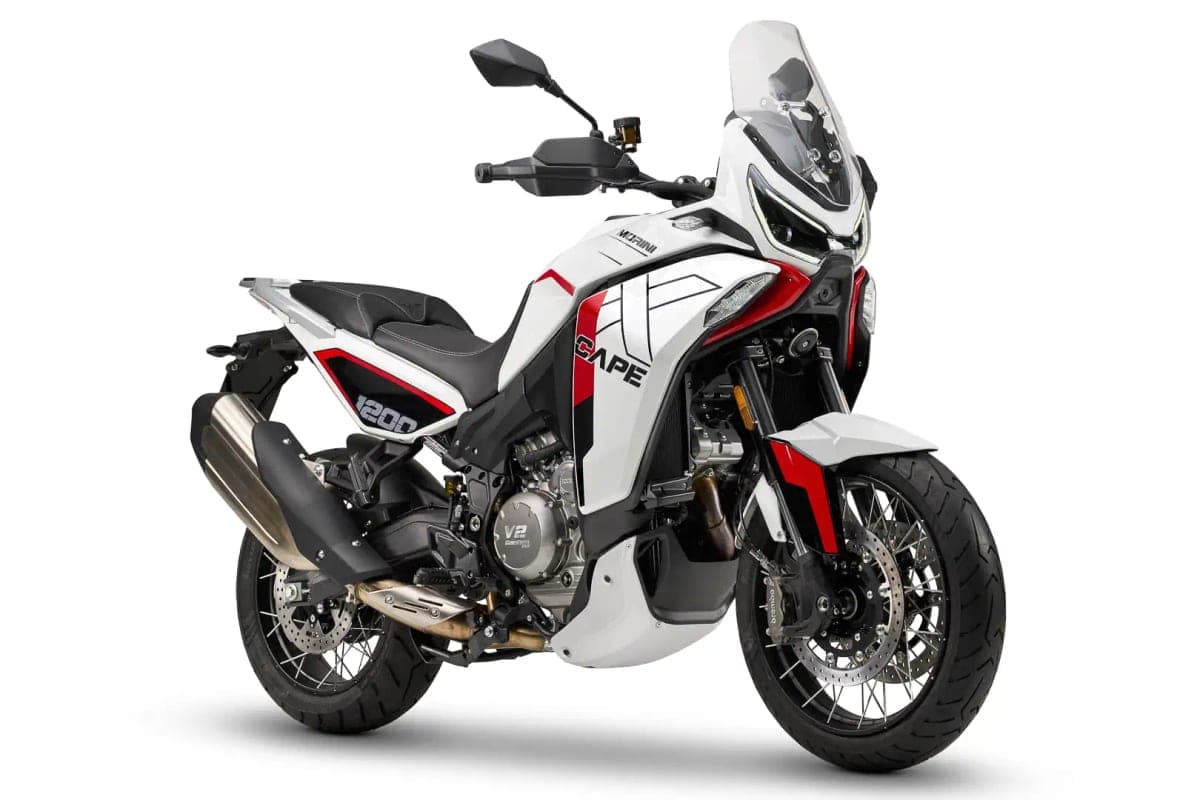 Moto Morini X-Cape 1200 front three-quarter studio view showing the beak fairing, LED headlight, upside-down forks and dual front brake discs