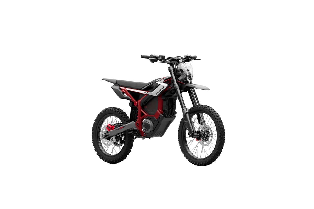 Segway Xaber 300 studio three-quarter view from the opposite side, showing the Marzocchi fork, front disc and knobby tires