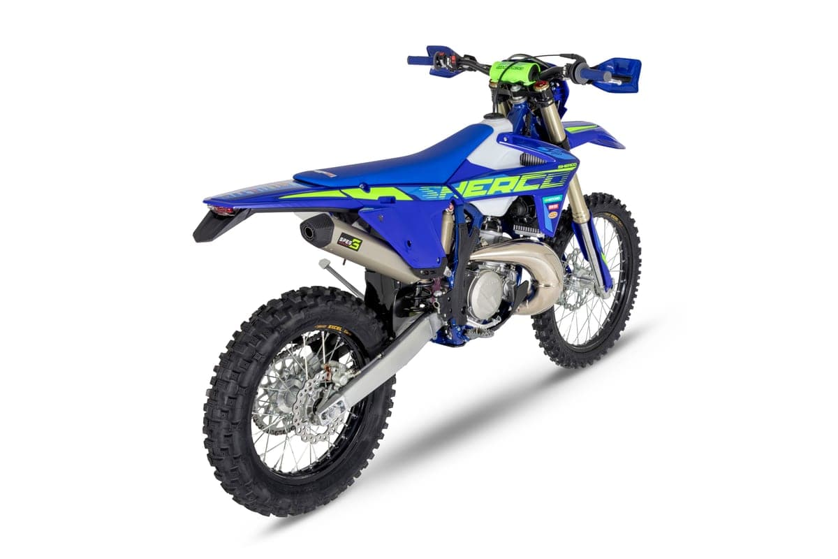Sherco 250 SE Factory rear three-quarter studio shot showing the SPES muffler, rear disc brake and chain guide