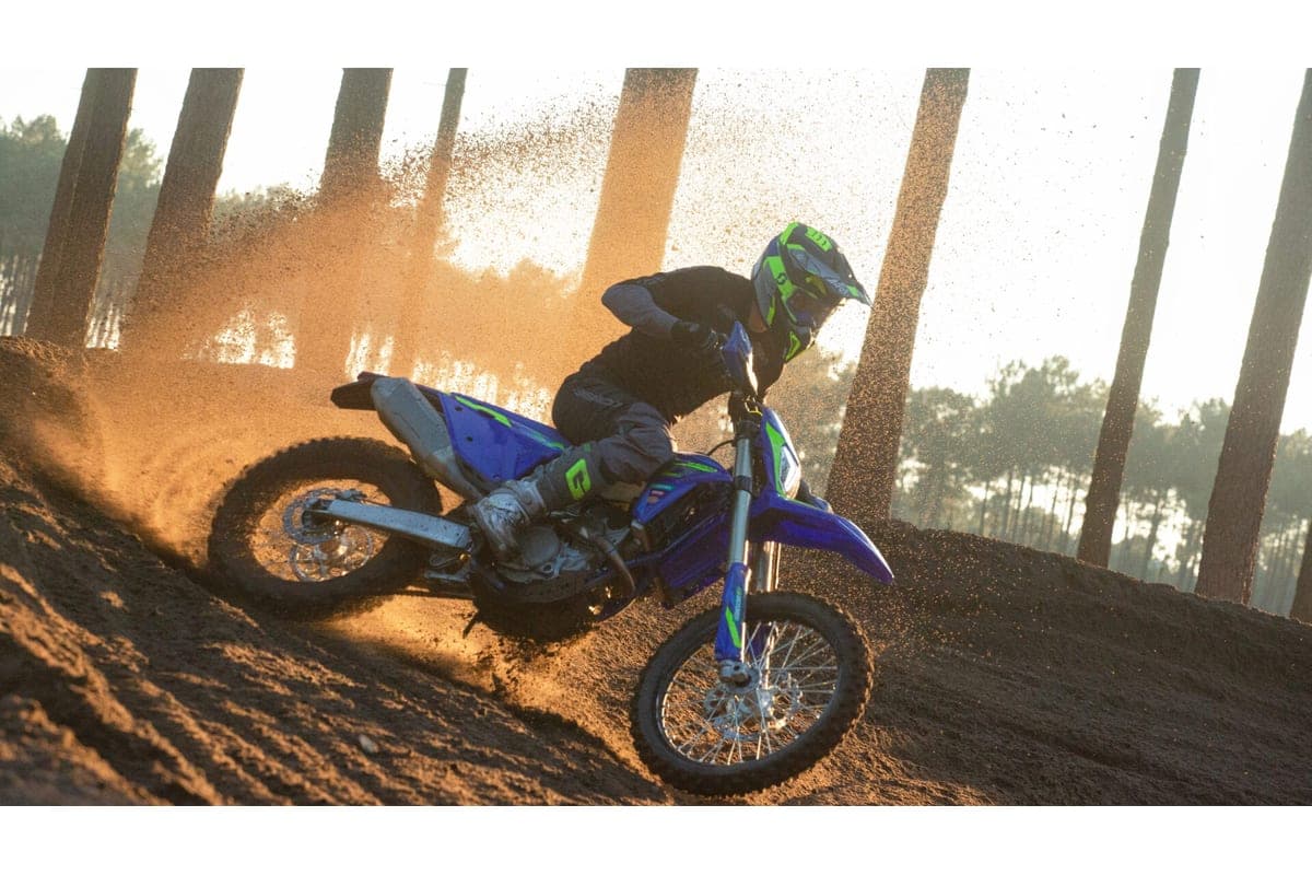Rider in black and neon green gear leaning a blue Sherco 300 SEF Factory through a sandy forest berm, kicking up a backlit roost of dirt