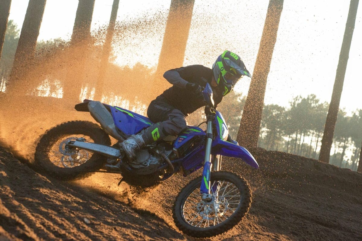Rider in dark gear leaning through a sandy turn on a blue Sherco 450 SEF Factory, kicking up a backlit roost among pine trees