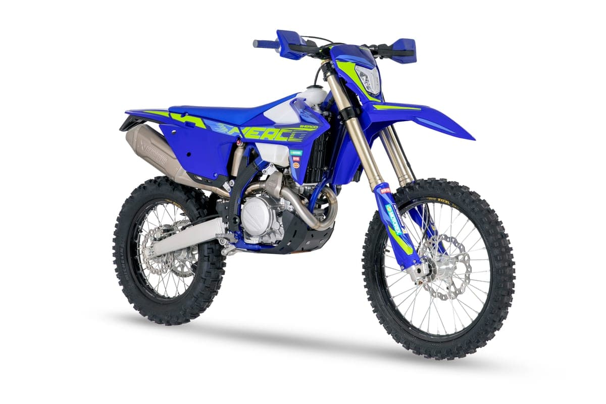 Sherco 500 SEF Factory front three-quarter studio view highlighting the WP fork, radiator shrouds and skid plate